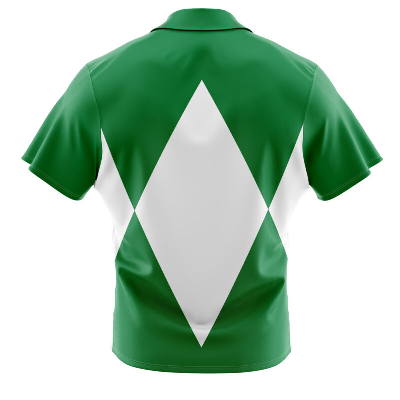 The Green Ranger Mighty Morphin Power Rangers Button Up Hawaiian Shirt features a bold white diamond centered on the back, with white triangles on either side, all set on a green short-sleeve design.