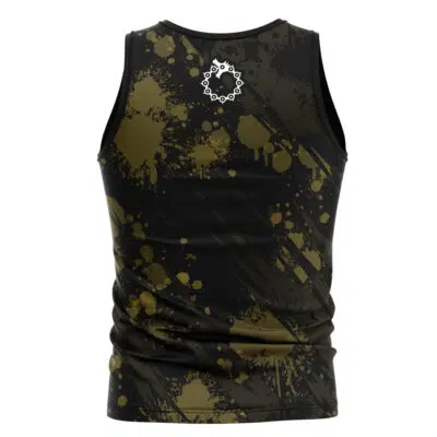 The Dragon Sin Seven Deadly Sins Tank Top is a sleeveless black athletic shirt with olive-green paint splatter, diagonal streaks, and a small white gear graphic centered near the upper back neckline.