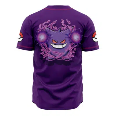 The Gengars Pokemon Baseball Jersey showcases a large, grinning Gengar surrounded by purple energy on the back, with red and white Poké Ball designs featured on both sleeves.