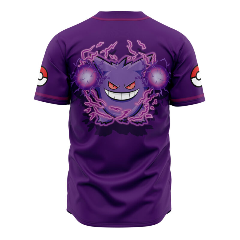 The Gengars Pokemon Baseball Jersey showcases a large, grinning Gengar surrounded by purple energy on the back, with red and white Poké Ball designs featured on both sleeves.