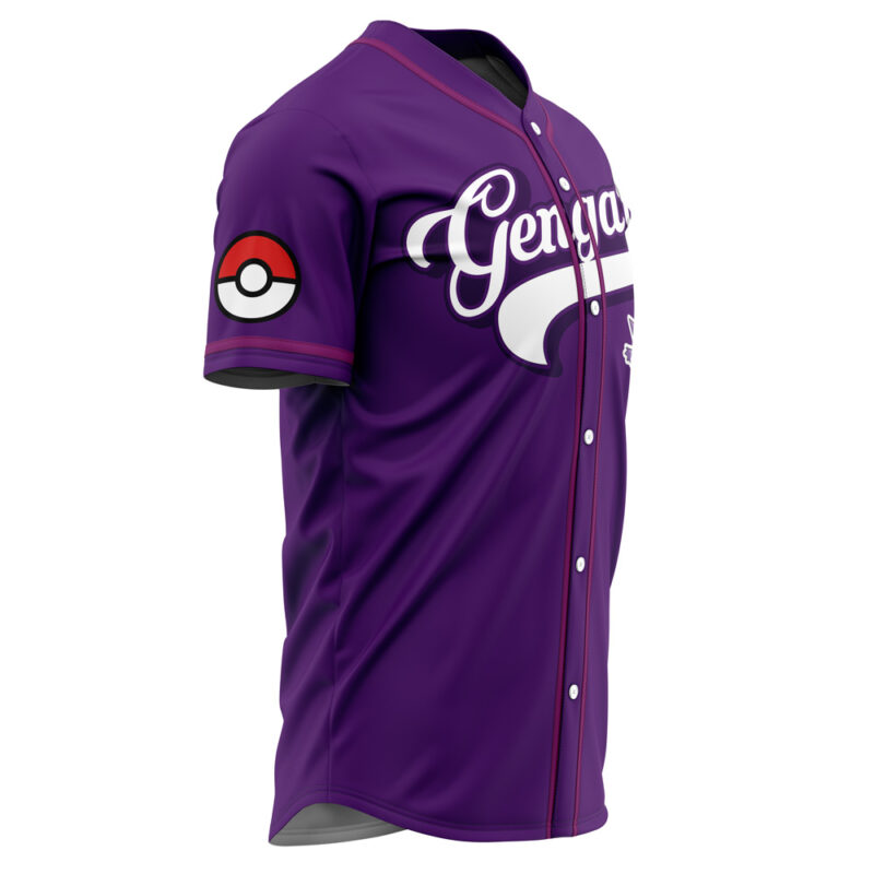 The Gengars Pokemon Baseball Jersey is purple with white buttons, "Gengar" in white script across the chest, and a Poké Ball patch on the left sleeve.