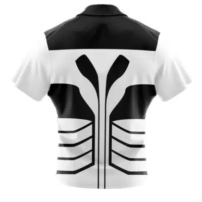 Back view of an Ichigo Fullbring Bleach Button Up Hawaiian Shirt, a white and black short-sleeve button-up with an abstract geometric design mimicking a ribcage.