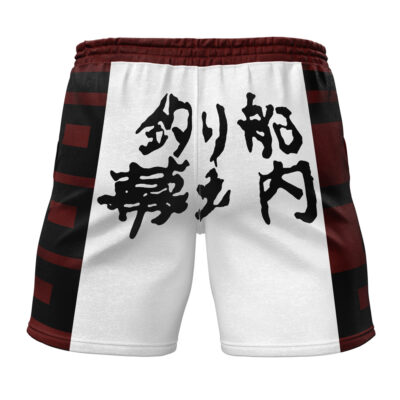 Back view of Ippo Makunouchi Hajime no Ippo Gym Shorts with bold black Japanese kanji on a white center panel, plus maroon and black geometric side patterns and waistband.