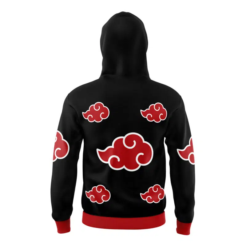 The Akatsuki Masked Hoodie is a black hoodie with red trim, shown from the back. It features multiple red clouds with white outlines, inspired by the Akatsuki from Naruto.