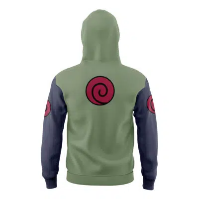 The Konoha Jonin Shippuden Masked Hoodie is shown from the back in green and dark gray, with a red swirl symbol on the back and sleeves. The hood is up, concealing other details.