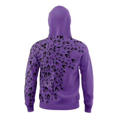 The Curse Mark Shippuden Masked Hoodie in purple features a black spiral pattern of abstract shapes radiating from a circular design on the upper left shoulder, shown from the back.