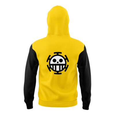A yellow and black Trafalgar Law One Piece Masked Hoodie featuring a logo design.