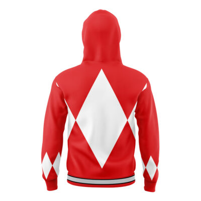 The Red Ranger Mighty Morphin Power Rangers Masked Hoodie is red with large white diamond shapes on the back and sleeves, plus black and white trim on the waistband and cuffs. Seen from the back, it features a distinctive Power Rangers design.
