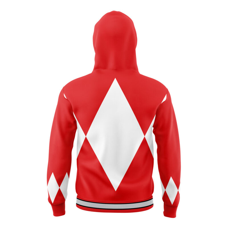 The Red Ranger Mighty Morphin Power Rangers Masked Hoodie is red with large white diamond shapes on the back and sleeves, plus black and white trim on the waistband and cuffs. Seen from the back, it features a distinctive Power Rangers design.