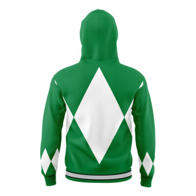 The Green Ranger Mighty Morphin Power Rangers Masked Hoodie is green, features large white diamond shapes on the back and sleeves, and has a striped hem at the bottom.