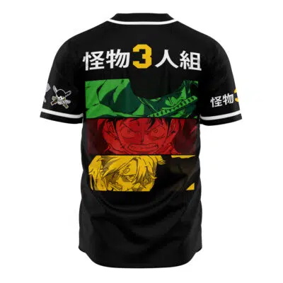 The Monster Trio One Piece Baseball Jersey is black with Japanese text and three colored panels—green, red, yellow—on the back, each showing an anime character’s intense face. Features white sleeve designs and a yellow number 3.