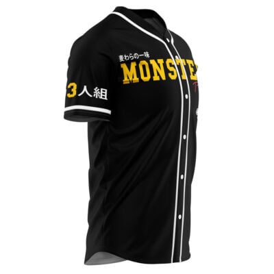 The Monster Trio One Piece Baseball Jersey is black with white trim, features yellow "MONSTER" text and Japanese characters on the chest, plus yellow "3人組" and the number 3 on the left sleeve.