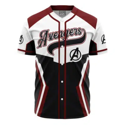 The Personalized Avengers Endgame Marvel Baseball Jersey features stylized Avengers script on the chest, maroon, black, and white color blocks, and Avengers logos on the left chest and both sleeves.
