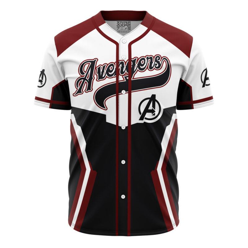 The Personalized Avengers Endgame Marvel Baseball Jersey features stylized Avengers script on the chest, maroon, black, and white color blocks, and Avengers logos on the left chest and both sleeves.
