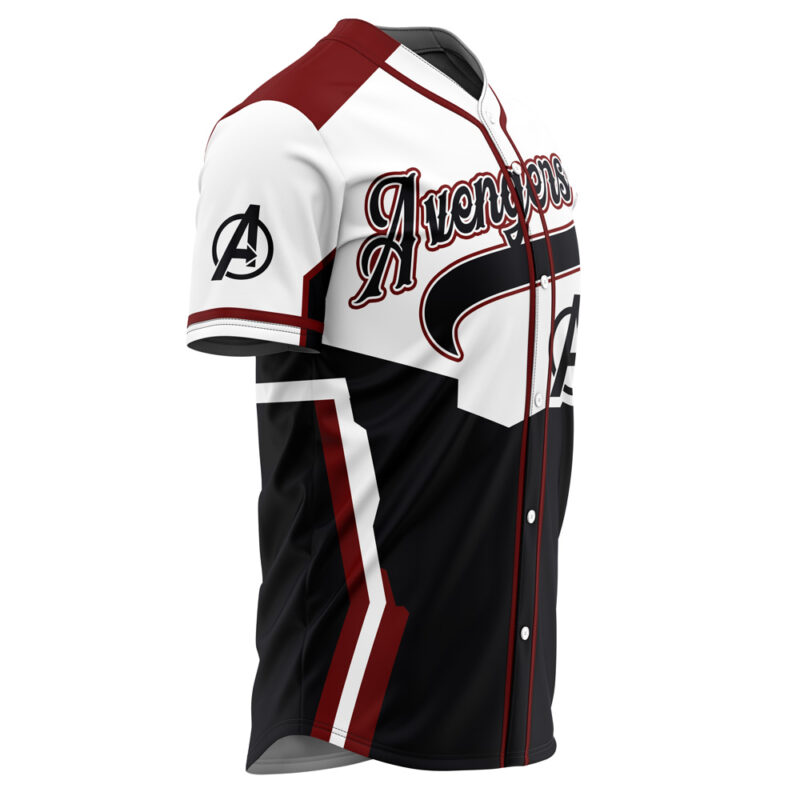 The Personalized Avengers Endgame Marvel Baseball Jersey features short sleeves, a black, white, and maroon design, "Avengers" across the chest, and Avengers logos on the sleeve and lower right front panel.