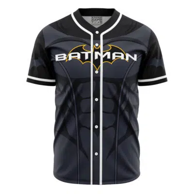 The Personalized Batman DC Comics Baseball Jersey is black with white trim, a muscle design, and a yellow bat symbol above bold white "BATMAN" lettering across the chest.