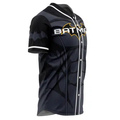 The Personalized Batman DC Comics Baseball Jersey is a black and grey top with muscular chest graphics, a yellow bat symbol, and bold white "BATMAN" lettering across the chest.