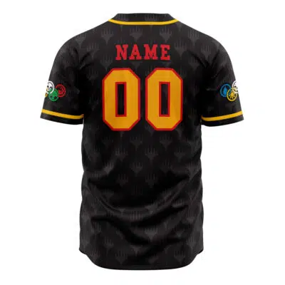 A black short-sleeved Personalized Elements of Magic the Gathering Baseball Jersey features subtle patterns, yellow-trimmed sleeves, red and yellow lettering, NAME and 00 on the back, plus colorful patches on both sleeves.