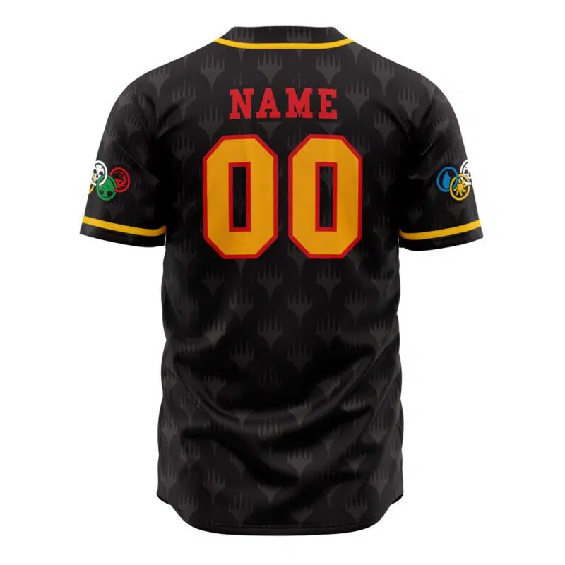 A black short-sleeved Personalized Elements of Magic the Gathering Baseball Jersey features subtle patterns, yellow-trimmed sleeves, red and yellow lettering, NAME and 00 on the back, plus colorful patches on both sleeves.
