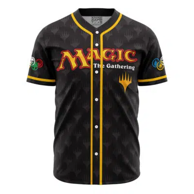 The Personalized Elements of Magic the Gathering Baseball Jersey is a black button-up with red, yellow, and white Magic: The Gathering logo, gold trim, card suit symbols on the sleeves, and subtle black background motifs.