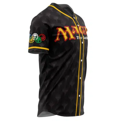 The Personalized Elements of Magic the Gathering Baseball Jersey is black with yellow trim, Magic: The Gathering text on the chest, colored mana symbols on the left sleeve, and a subtle repeating black mana symbol pattern.