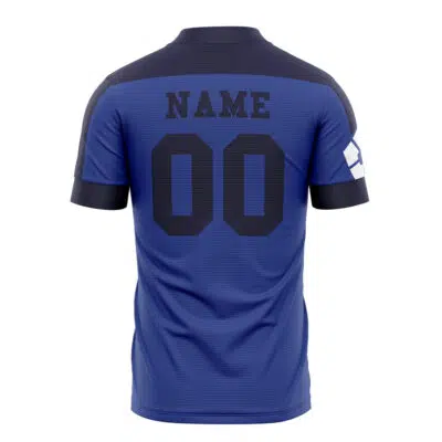 A Personalized FC Blue Lock Soccer Jersey viewed from the back, displaying NAME and 00 in large black font, with a white patch on the right sleeve.