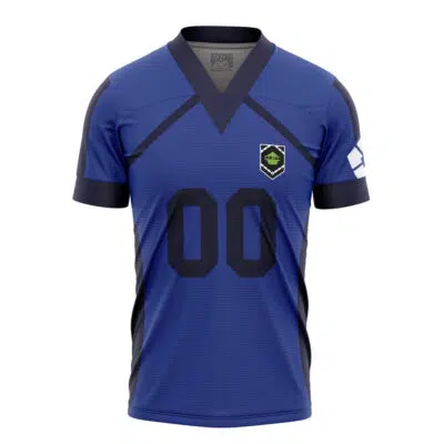 The Personalized FC Blue Lock Soccer Jersey features a blue design with black accents, large black 00 on the front, a green-and-black emblem on the left chest, and a white logo on the right sleeve.