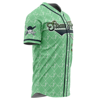 The Personalized Straw Hats Zoro One Piece Baseball Jersey is light green with black trim, a crisscross skull pattern, stylized chest text, and a skull-and-bats logo on the left sleeve.
