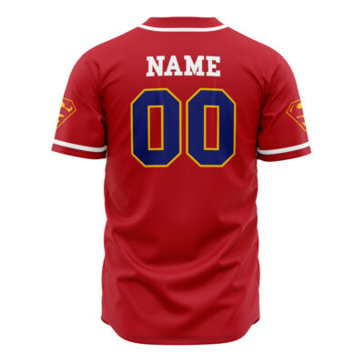 Personalized Superman DC Comics Baseball Jersey shown from the back, with "NAME" above the number 00 in bold blue and gold font, plus Superman logos on both sleeves.