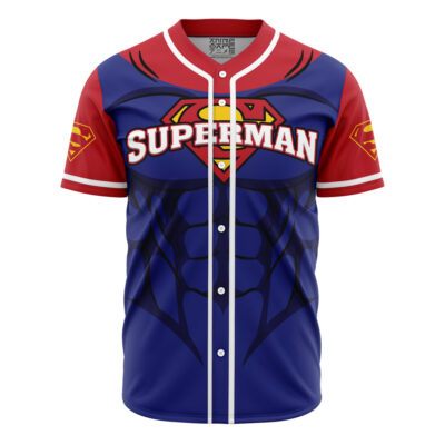 The Personalized Superman DC Comics Baseball Jersey features the Superman logo, red sleeves, a blue body with muscle shading, and "SUPERMAN" written above the iconic shield across the chest.
