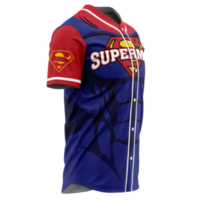 The Personalized Superman DC Comics Baseball Jersey features a blue and red design, Superman logo on chest and sleeve, SUPER text, white button-up front, and muscle pattern styling.