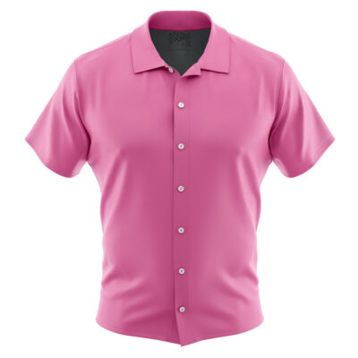 The Vegeta Dum Cumpster Pink Dragon Ball Z Abridged Button Up Hawaiian Shirt is a short-sleeved, collared shirt in solid pink with white buttons, shown on a plain white background.