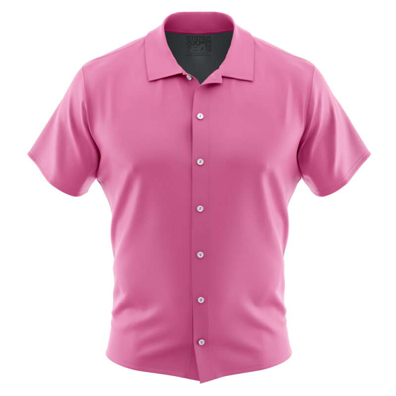The Vegeta Dum Cumpster Pink Dragon Ball Z Abridged Button Up Hawaiian Shirt is a short-sleeved, collared shirt in solid pink with white buttons, shown on a plain white background.