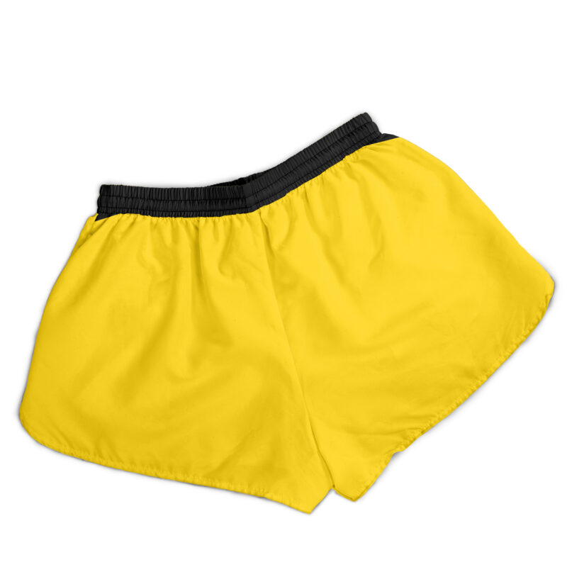 The Trafalgar Law One Piece Women's Board Shorts feature a bright yellow design with a black elastic waistband, shown on a white background.