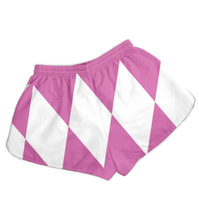 These Pink Ranger Mighty Morphin Power Rangers Womens Board Shorts feature an elastic waistband and a bold pink and white diamond pattern.