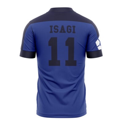 A Yoichi Isagi FC Blue Lock Soccer Jersey in blue, shown from the back with ISAGI and number 11 printed in black. The left sleeve displays a white geometric design.