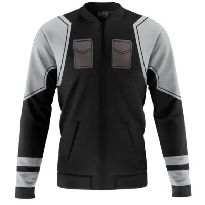 The Japan Anti-Kaiju Defense Force No. 8 Casual Bomber Jacket is black with light gray shoulder and forearm panels, two rectangular graphics on the upper chest, and angled gray sleeve stripes.