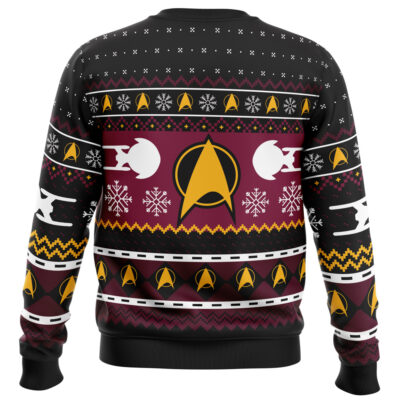 Back view of the Captain Picard Star Trek Ugly Christmas Sweater, featuring Starfleet insignias, starships, and white snowflakes on a black, maroon, and yellow patterned background.
