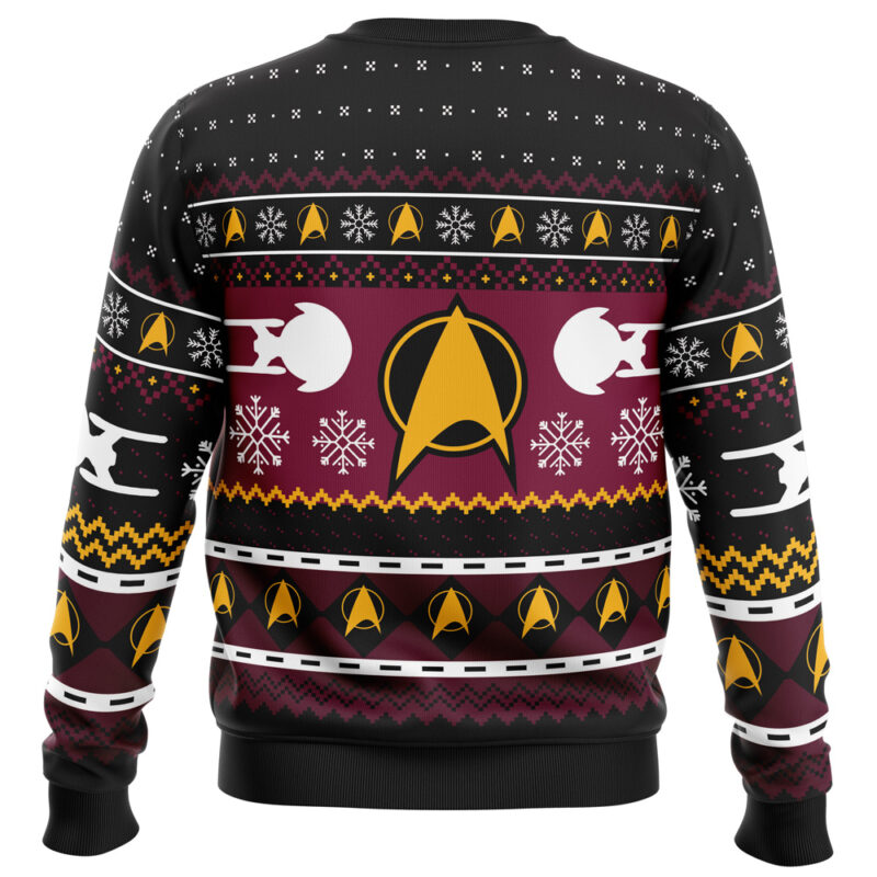 Back view of the Captain Picard Star Trek Ugly Christmas Sweater, featuring Starfleet insignias, starships, and white snowflakes on a black, maroon, and yellow patterned background.