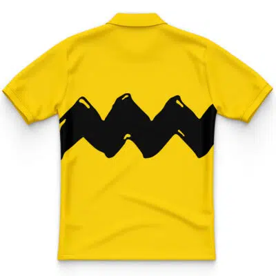 The Charlie Brown Snoopy Polo Shirt is a yellow polo with a bold black zigzag stripe across the back. It features a simple graphic design, short sleeves, and a collar.