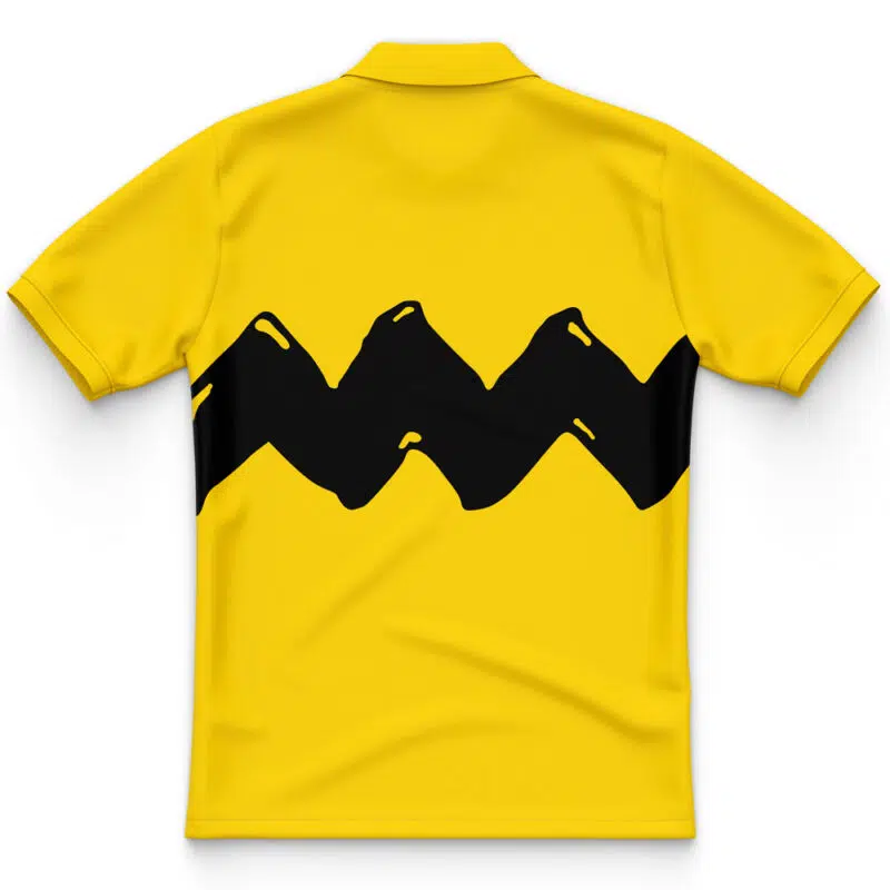 The Charlie Brown Snoopy Polo Shirt is a yellow polo with a bold black zigzag stripe across the back. It features a simple graphic design, short sleeves, and a collar.