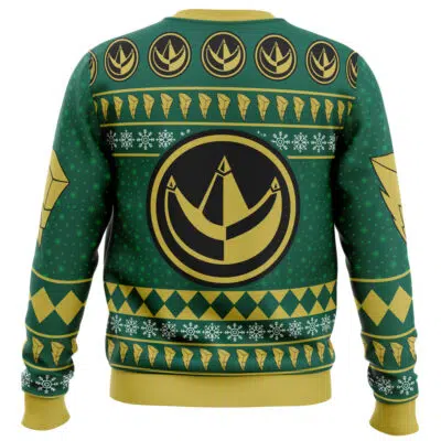 The Dragonzord Power Rangers Ugly Christmas Sweater is green and gold with circular emblems, diamond patterns, arrow designs, and snowflake motifs. The largest emblem appears centered on the back with smaller ones across the shoulders.