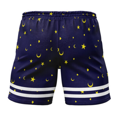 The Galactic Sailor Moon Gym Shorts are navy blue athletic shorts with an elastic waistband, featuring a yellow pattern of stars, moons, and dots, plus two white horizontal stripes at the bottom of each leg.