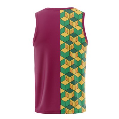 The Giyu Tomioka Demon Slayer Basketball Jersey is a sleeveless maroon top with a vertically split back: the left side is solid maroon, and the right side displays a yellow and green geometric cube pattern.