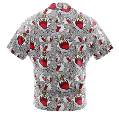 The King Boo and Boo Ghosts Super Mario Bros Button Up Hawaiian Shirt features cartoon ghost characters with gold crowns, open mouths, and red tongues on a light gray background.