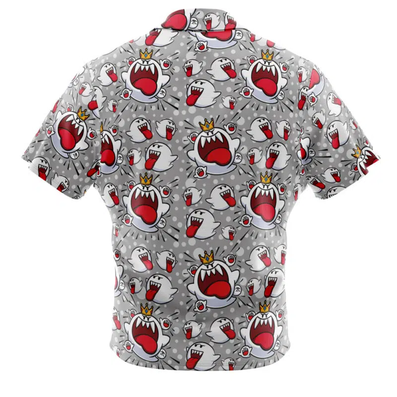 The King Boo and Boo Ghosts Super Mario Bros Button Up Hawaiian Shirt features cartoon ghost characters with gold crowns, open mouths, and red tongues on a light gray background.
