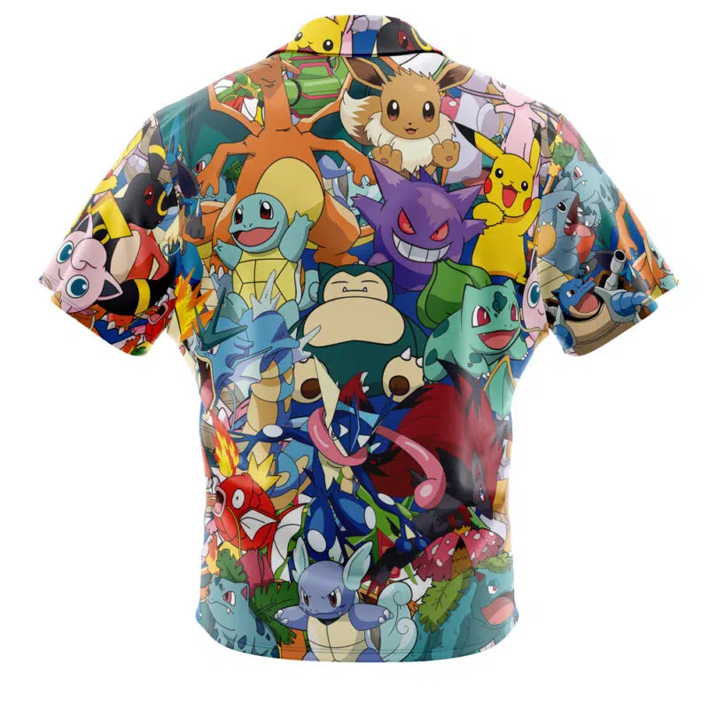 The Magical Creatures Pokemon Button Up Hawaiian Shirt showcases a lively collage of colorful Pokémon like Pikachu, Eevee, Squirtle, Gengar, Snorlax, and Bulbasaur across the back.