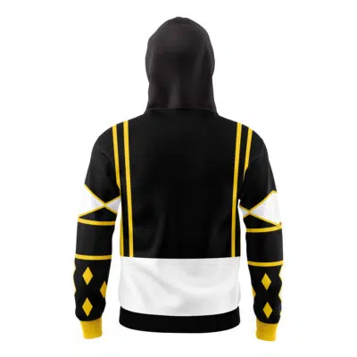 The Black Ranger Ninjetti Rangers Masked Hoodie, shown from the back, features a black hood and top, white bottom, yellow shoulder and sleeve stripes, plus yellow diamond shapes on the forearms.