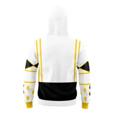 The White Ranger Ninjetti Rangers Masked Hoodie features yellow and black geometric patterns, with yellow stripes on the shoulders, black sleeve panels, yellow diamonds on the forearms, and a black band at the lower back. Hood is up and facing away.