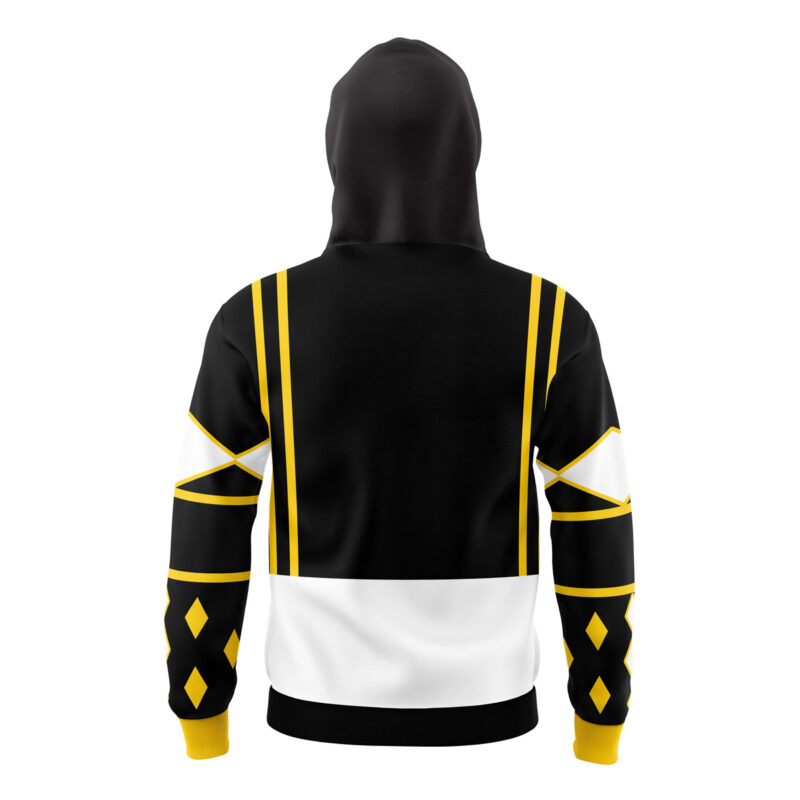 The Black Ranger Ninjetti Rangers Masked Hoodie, shown from the back, features a black hood and top, white bottom, yellow shoulder and sleeve stripes, plus yellow diamond shapes on the forearms.